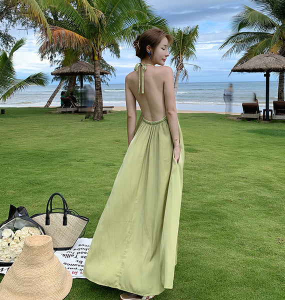 Retro Beach Seaside Summer Holiday Sexy Sweet Women Backless Halter Loose Strap A Line Dress