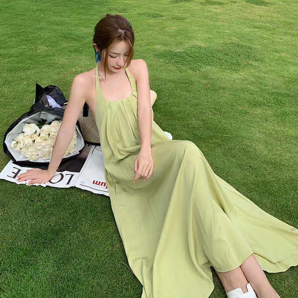 Retro Beach Seaside Summer Holiday Sexy Sweet Women Backless Halter Loose Strap A Line Dress