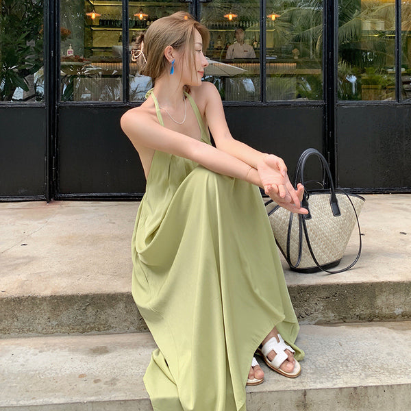 Retro Beach Seaside Summer Holiday Sexy Sweet Women Backless Halter Loose Strap A Line Dress