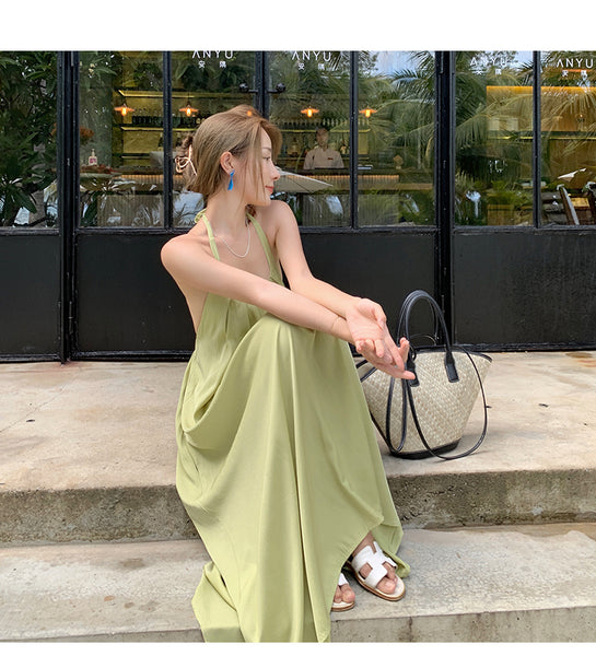 Retro Beach Seaside Summer Holiday Sexy Sweet Women Backless Halter Loose Strap A Line Dress