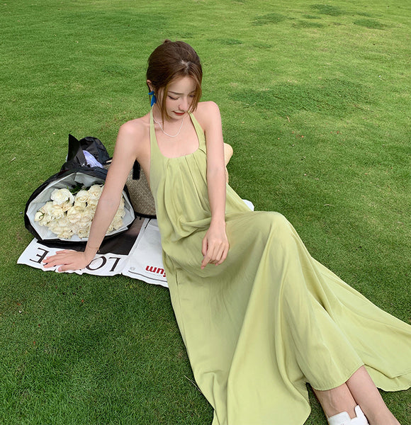 Retro Beach Seaside Summer Holiday Sexy Sweet Women Backless Halter Loose Strap A Line Dress