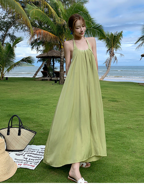 Retro Beach Seaside Summer Holiday Sexy Sweet Women Backless Halter Loose Strap A Line Dress
