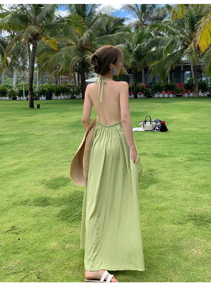 Retro Beach Seaside Summer Holiday Sexy Sweet Women Backless Halter Loose Strap A Line Dress