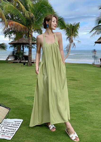 Retro Beach Seaside Summer Holiday Sexy Sweet Women Backless Halter Loose Strap A Line Dress