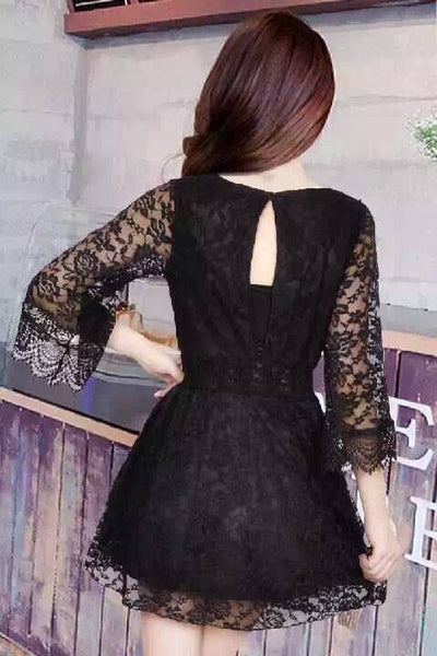 Temperament Summer Trendy Sexy Women Lace V-Neck Above Knee Trumpet Sleeves Loose A Line Dress