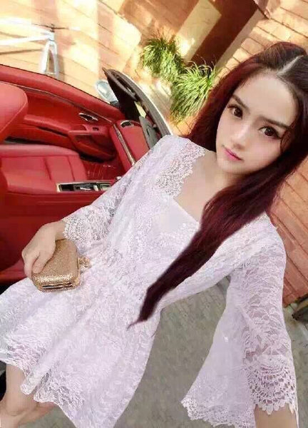 Temperament Summer Trendy Sexy Women Lace V-Neck Above Knee Trumpet Sleeves Loose A Line Dress