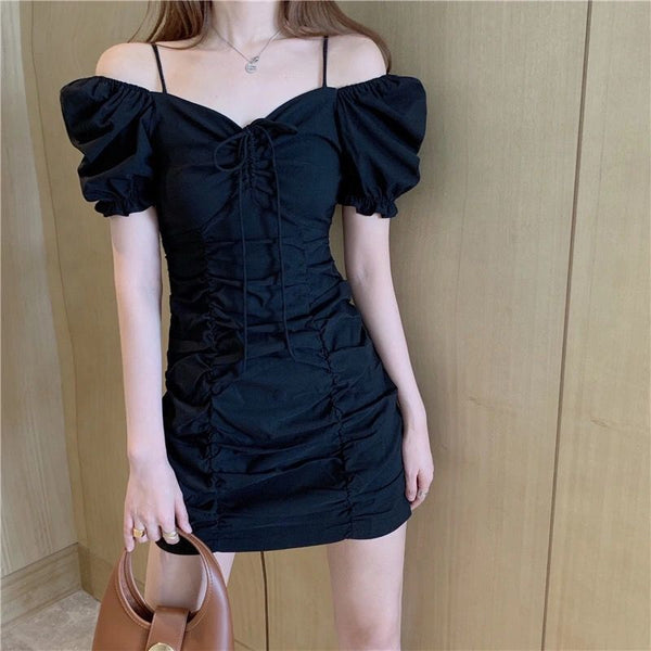 Summer Women Pleated High Waist Front Bow Shoulder Spaghetti Strap Puff Short Sleeves Mini Dress