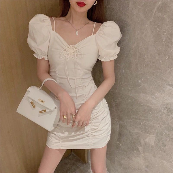 Summer Women Pleated High Waist Front Bow Shoulder Spaghetti Strap Puff Short Sleeves Mini Dress