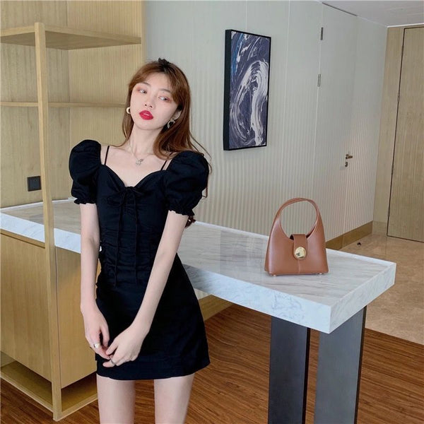 Summer Women Pleated High Waist Front Bow Shoulder Spaghetti Strap Puff Short Sleeves Mini Dress