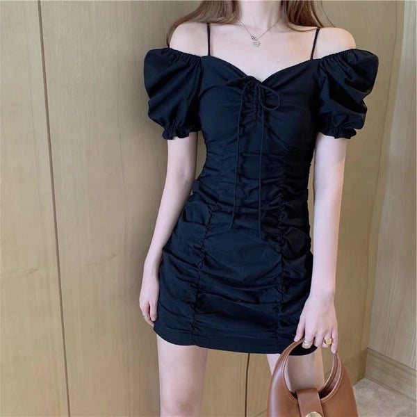 Summer Women Pleated High Waist Front Bow Shoulder Spaghetti Strap Puff Short Sleeves Mini Dress