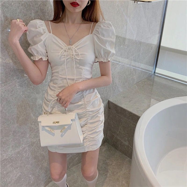 Summer Women Pleated High Waist Front Bow Shoulder Spaghetti Strap Puff Short Sleeves Mini Dress