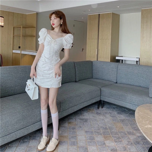 Summer Women Pleated High Waist Front Bow Shoulder Spaghetti Strap Puff Short Sleeves Mini Dress
