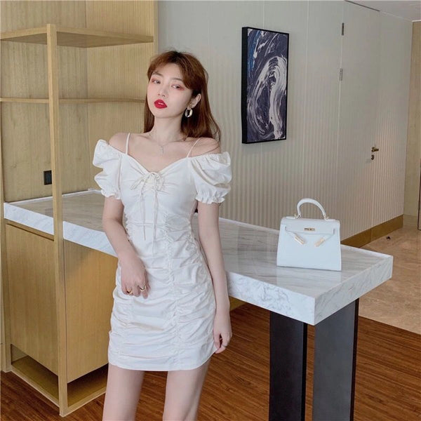 Summer Women Pleated High Waist Front Bow Shoulder Spaghetti Strap Puff Short Sleeves Mini Dress