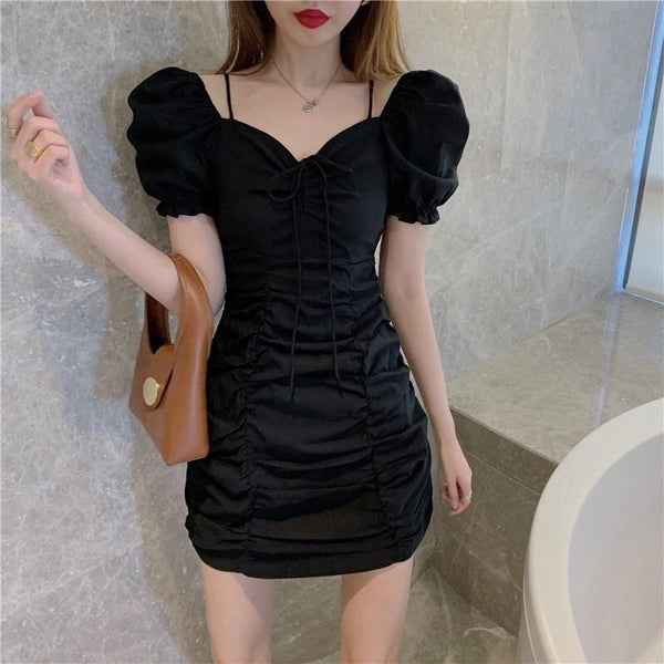 Summer Women Pleated High Waist Front Bow Shoulder Spaghetti Strap Puff Short Sleeves Mini Dress