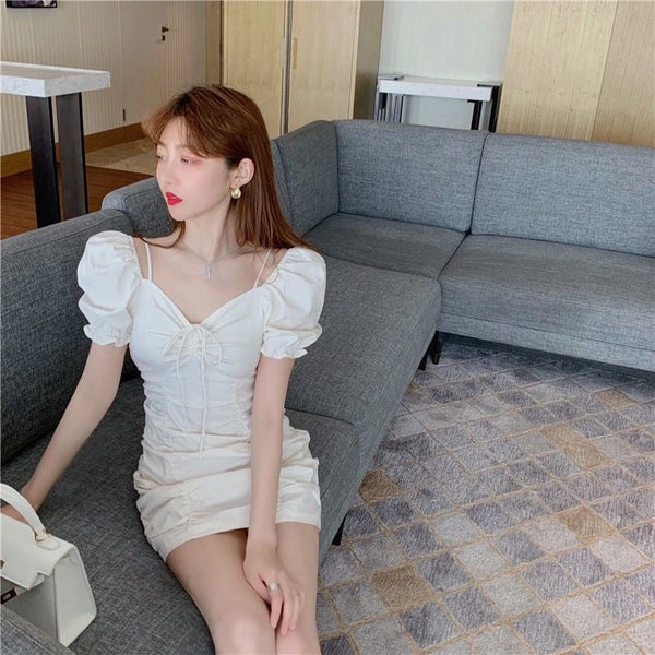 Summer Women Pleated High Waist Front Bow Shoulder Spaghetti Strap Puff Short Sleeves Mini Dress