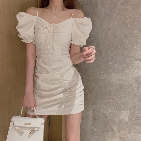 Summer Women Pleated High Waist Front Bow Shoulder Spaghetti Strap Puff Short Sleeves Mini Dress