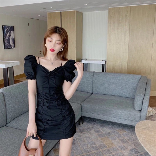 Summer Women Pleated High Waist Front Bow Shoulder Spaghetti Strap Puff Short Sleeves Mini Dress