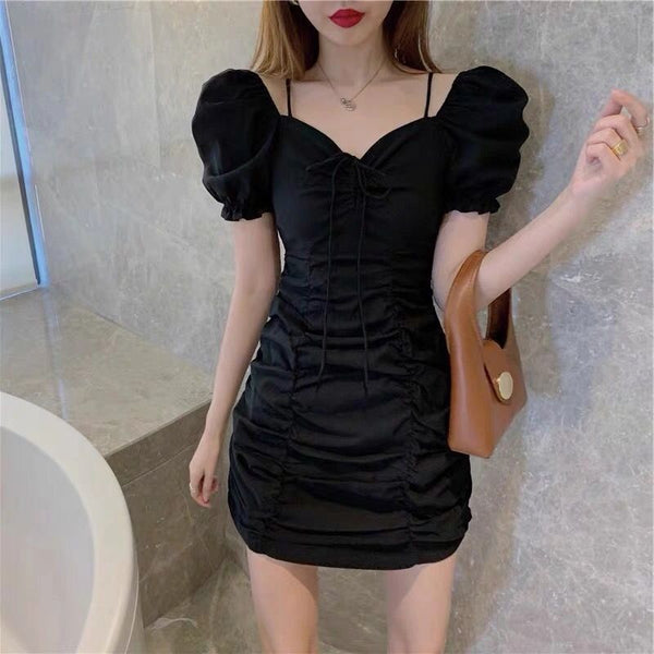 Summer Women Pleated High Waist Front Bow Shoulder Spaghetti Strap Puff Short Sleeves Mini Dress