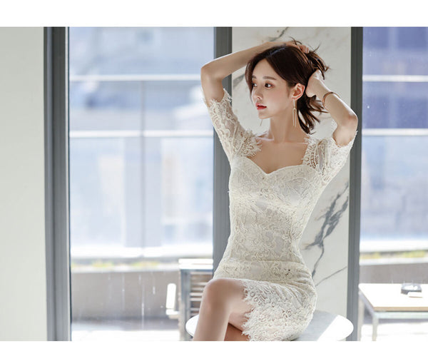 Summer Temperament Sexy Elegant Women High Waist Mid-length Hollow Lace Hip Pencil Dress