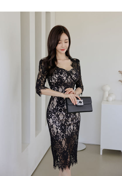 Summer Temperament Sexy Elegant Women High Waist Mid-length Hollow Lace Hip Pencil Dress