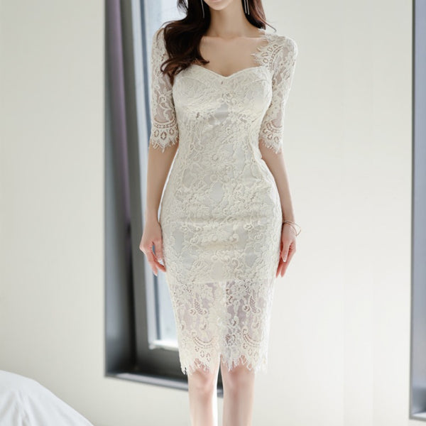 Summer Temperament Sexy Elegant Women High Waist Mid-length Hollow Lace Hip Pencil Dress