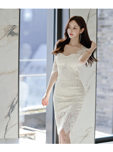 Summer Temperament Sexy Elegant Women High Waist Mid-length Hollow Lace Hip Pencil Dress