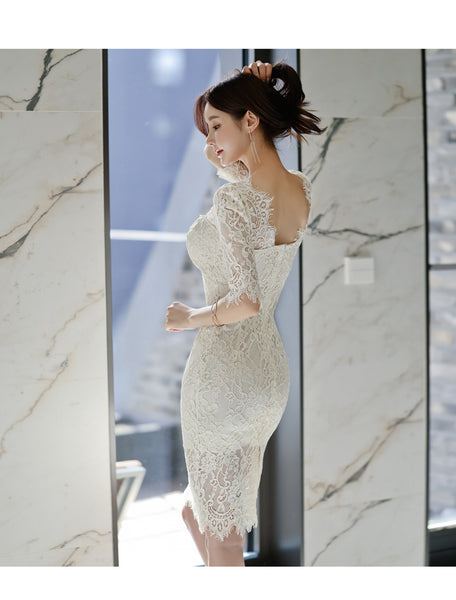 Summer Temperament Sexy Elegant Women High Waist Mid-length Hollow Lace Hip Pencil Dress
