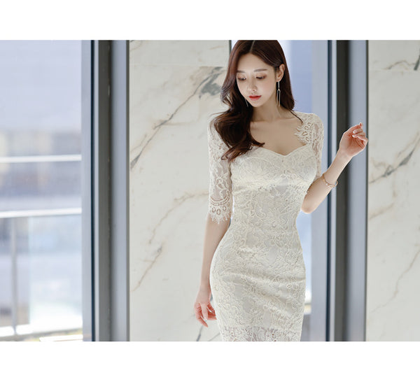 Summer Temperament Sexy Elegant Women High Waist Mid-length Hollow Lace Hip Pencil Dress
