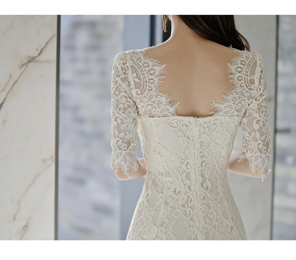 Summer Temperament Sexy Elegant Women High Waist Mid-length Hollow Lace Hip Pencil Dress