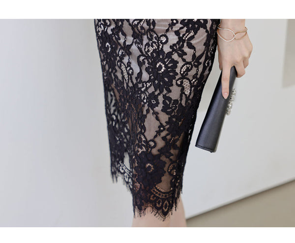 Summer Temperament Sexy Elegant Women High Waist Mid-length Hollow Lace Hip Pencil Dress