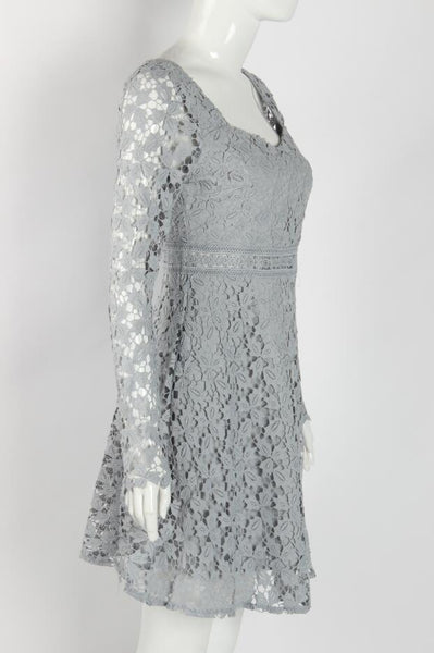 Temperament Elegant Ladies Hollowed Out Lace Stitched Waist Long Sleeves A-line Cocktail Party Dress