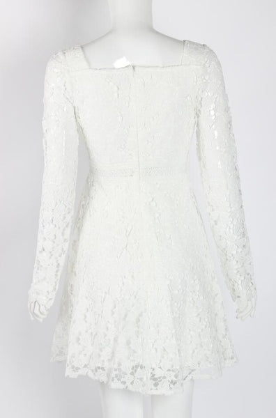 Temperament Elegant Ladies Hollowed Out Lace Stitched Waist Long Sleeves A-line Cocktail Party Dress