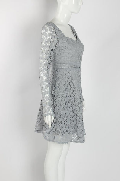 Temperament Elegant Ladies Hollowed Out Lace Stitched Waist Long Sleeves A-line Cocktail Party Dress