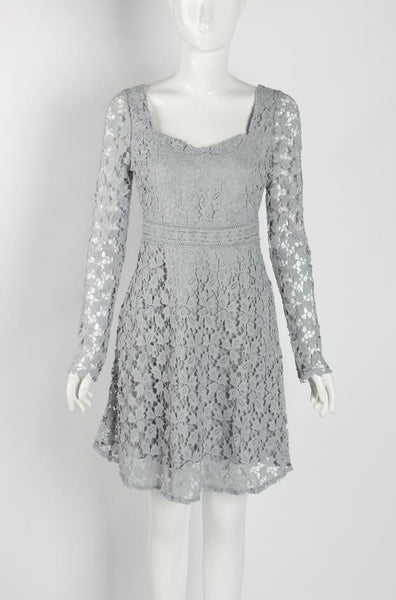 Temperament Elegant Ladies Hollowed Out Lace Stitched Waist Long Sleeves A-line Cocktail Party Dress