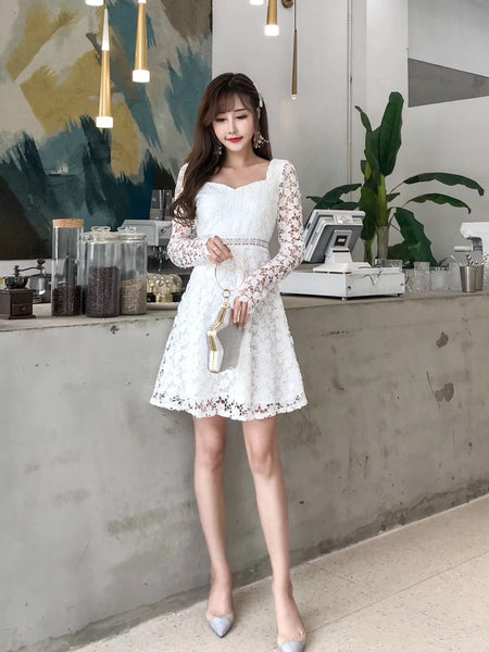 Temperament Elegant Ladies Hollowed Out Lace Stitched Waist Long Sleeves A-line Cocktail Party Dress