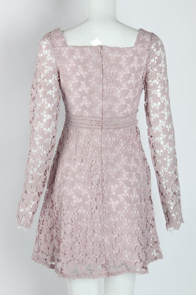 Temperament Elegant Ladies Hollowed Out Lace Stitched Waist Long Sleeves A-line Cocktail Party Dress