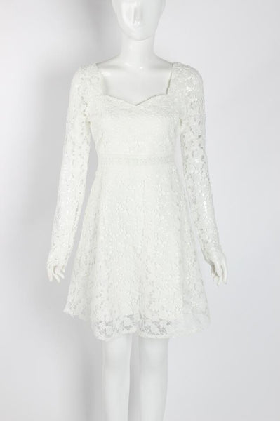 Temperament Elegant Ladies Hollowed Out Lace Stitched Waist Long Sleeves A-line Cocktail Party Dress