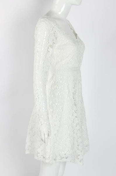 Temperament Elegant Ladies Hollowed Out Lace Stitched Waist Long Sleeves A-line Cocktail Party Dress