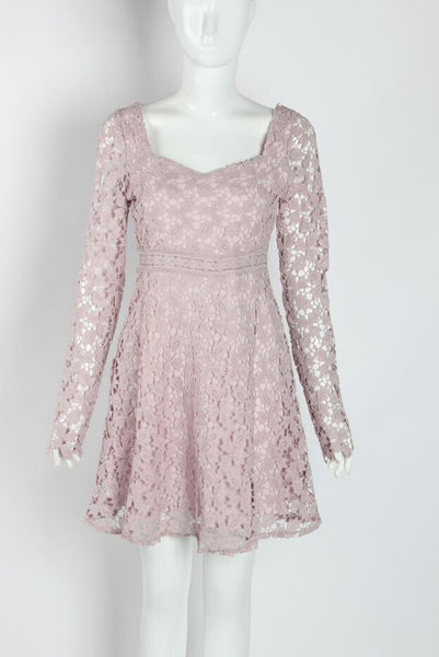 Temperament Elegant Ladies Hollowed Out Lace Stitched Waist Long Sleeves A-line Cocktail Party Dress