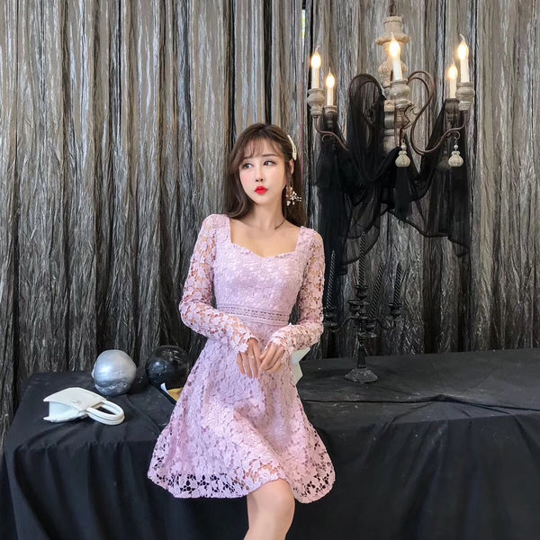 Temperament Elegant Ladies Hollowed Out Lace Stitched Waist Long Sleeves A-line Cocktail Party Dress