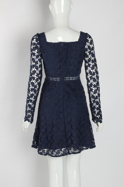 Temperament Elegant Ladies Hollowed Out Lace Stitched Waist Long Sleeves A-line Cocktail Party Dress