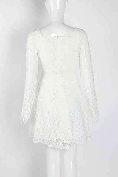 Temperament Elegant Ladies Hollowed Out Lace Stitched Waist Long Sleeves A-line Cocktail Party Dress