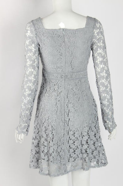 Temperament Elegant Ladies Hollowed Out Lace Stitched Waist Long Sleeves A-line Cocktail Party Dress