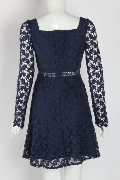 Temperament Elegant Ladies Hollowed Out Lace Stitched Waist Long Sleeves A-line Cocktail Party Dress