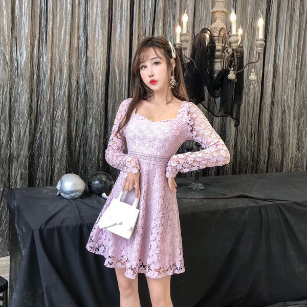 Temperament Elegant Ladies Hollowed Out Lace Stitched Waist Long Sleeves A-line Cocktail Party Dress