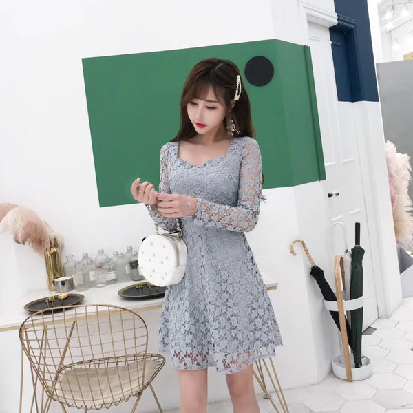 Temperament Elegant Ladies Hollowed Out Lace Stitched Waist Long Sleeves A-line Cocktail Party Dress