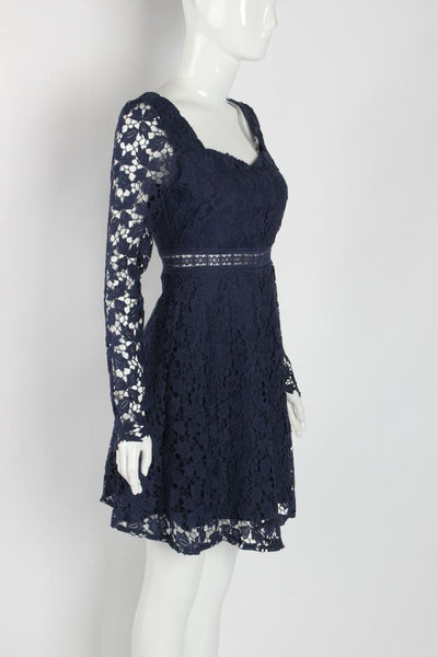 Temperament Elegant Ladies Hollowed Out Lace Stitched Waist Long Sleeves A-line Cocktail Party Dress