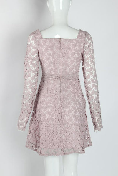 Temperament Elegant Ladies Hollowed Out Lace Stitched Waist Long Sleeves A-line Cocktail Party Dress