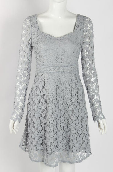 Temperament Elegant Ladies Hollowed Out Lace Stitched Waist Long Sleeves A-line Cocktail Party Dress