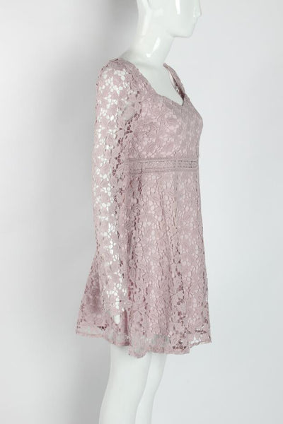 Temperament Elegant Ladies Hollowed Out Lace Stitched Waist Long Sleeves A-line Cocktail Party Dress